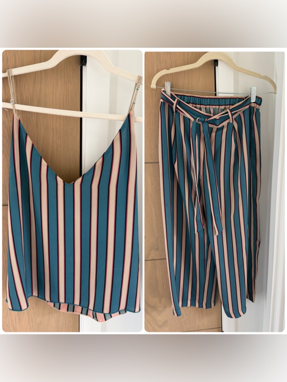 Striped SET- V-Neck Cami Top and Matching Pants in Teal and Cream